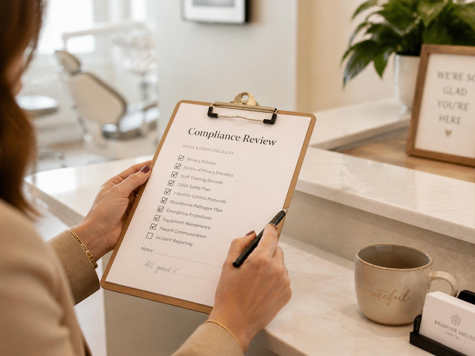 Maureen reviewing a HIPAA and OSHA compliance checklist at a dental office reception.